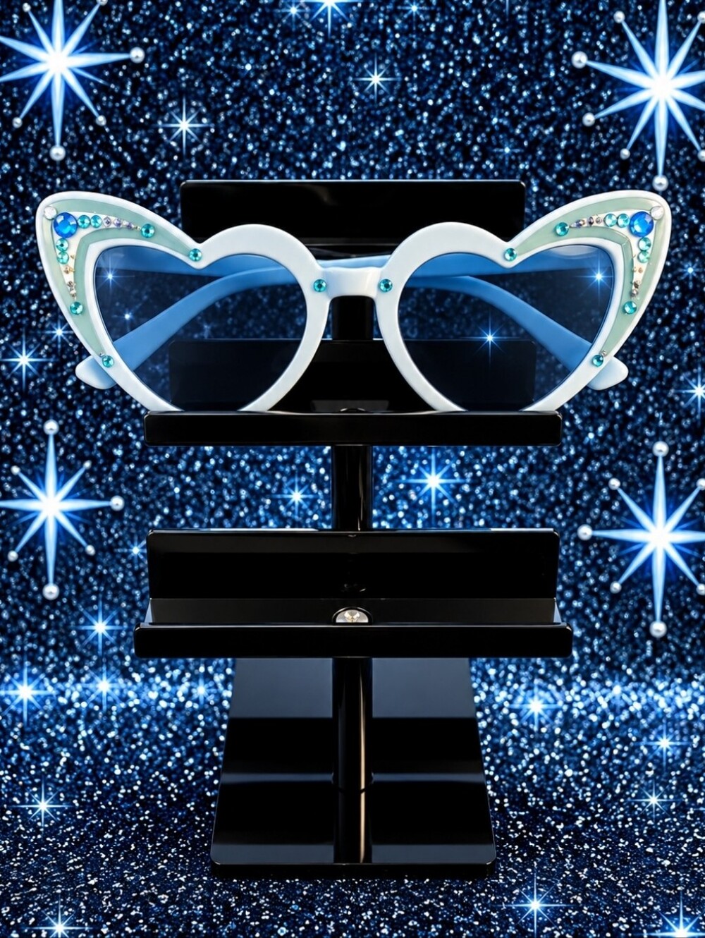 White and Blue Cat-Eye Sunglasses with Blue Gem Accents